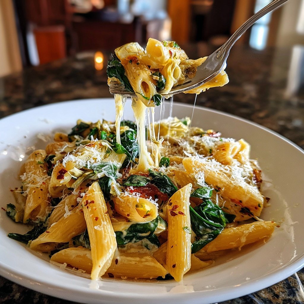 Penne mit Artischocken und Spinat