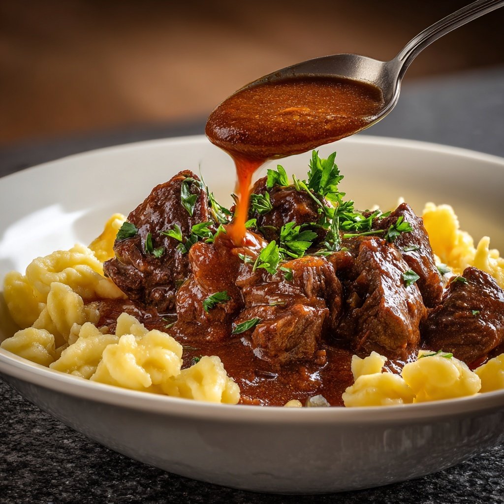Hirschgulasch mit Preiselbeeren und Spätzle