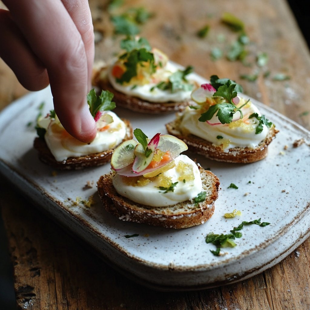 Canapes Fingerfood mit Garnelen und Zitronen-Joghurt