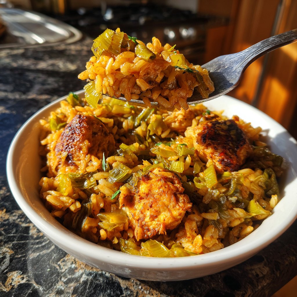 Hähnchen Lauch braun Reis Pfannengerührtes