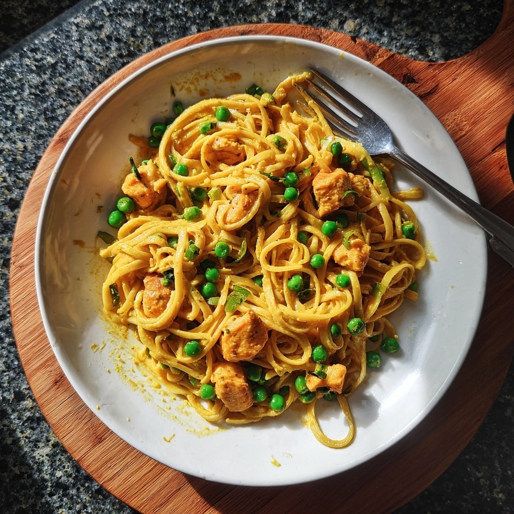 Curried Salmon Pasta mit Erbsen